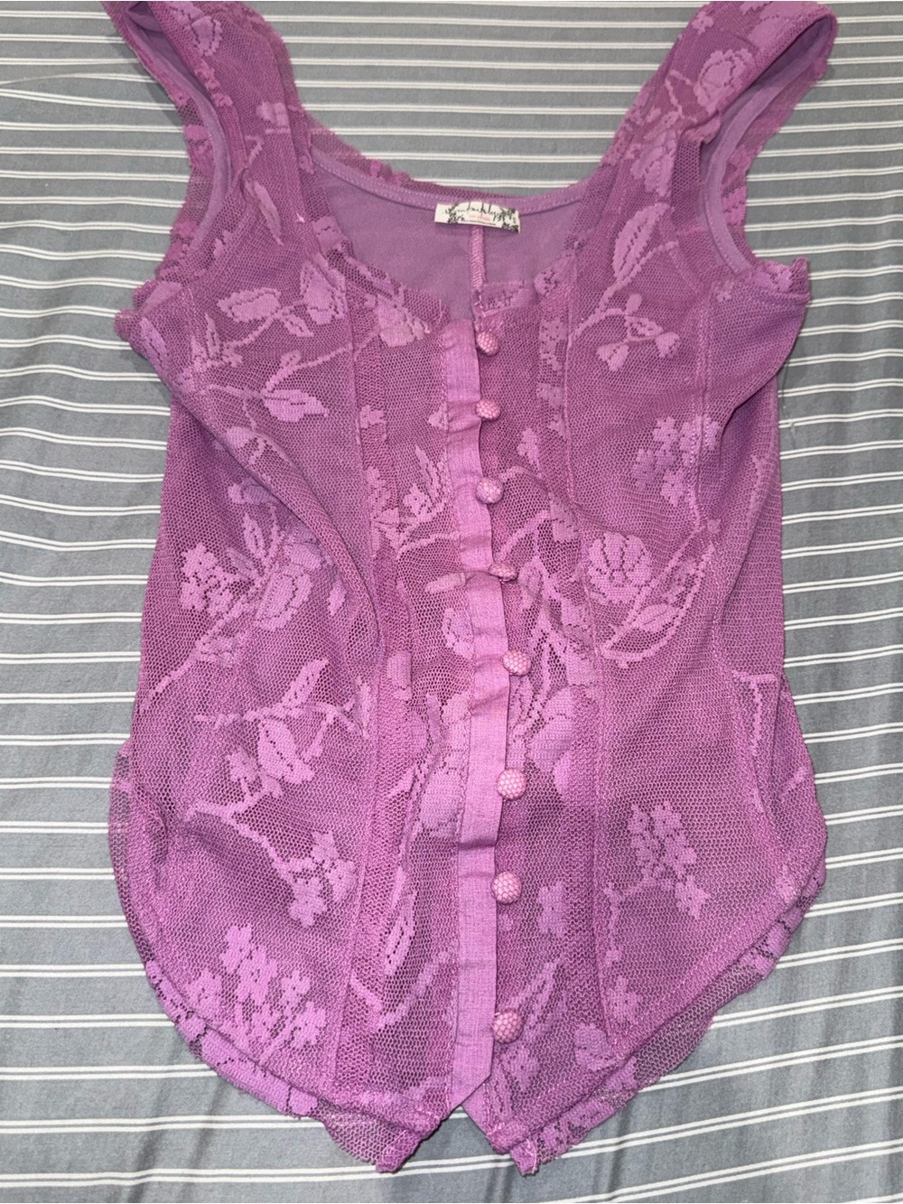 Lace Overlay Button-Front Tank Top - Purple